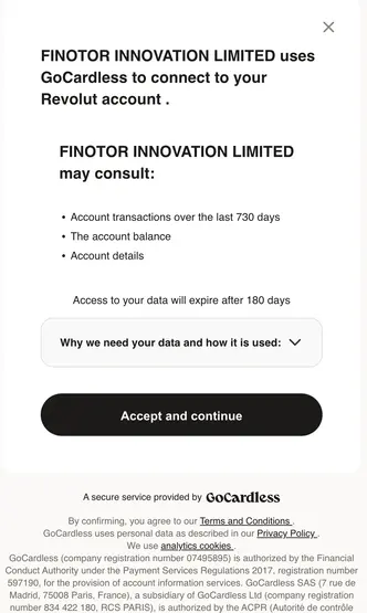 Follow the Revolut Business process to connect with Finotor